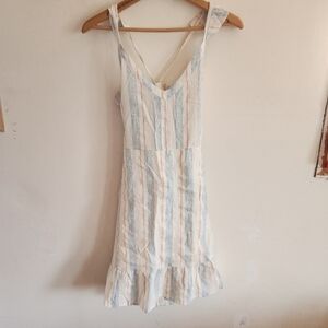 Roxy Striped Summer Mini Dress White Blue Peach Open Back Linen Small